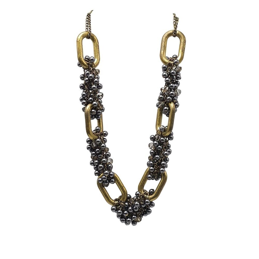 Signed Chunky Brass Gray Beaded Statement Necklace With Oversized Links